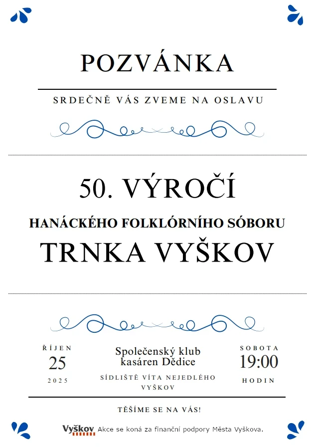 Pozvánka na 50. výročí založení souboru Trnka Vyškov